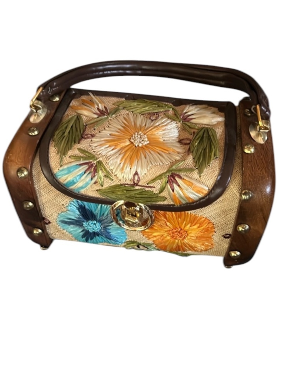 Vintage 60’s Wooden Wicker Seagrass Woven Embroidered Box Bag